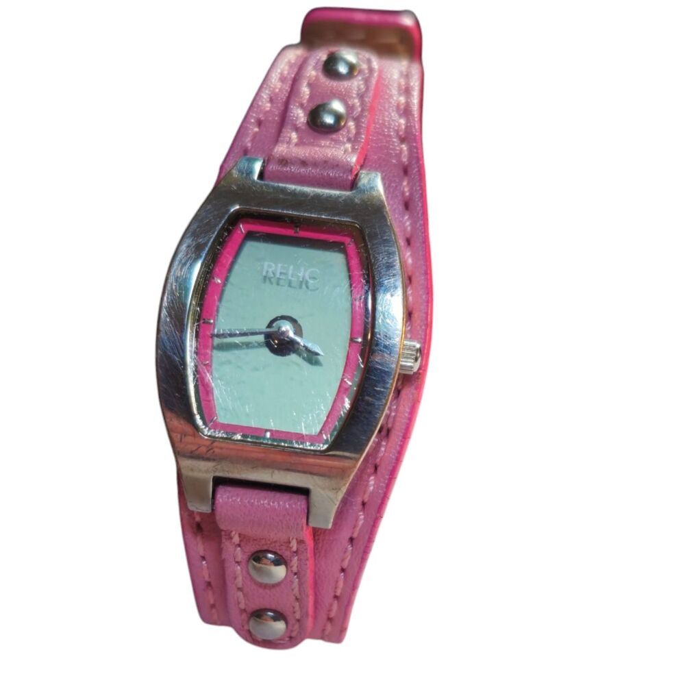 Relic Pink Silver Rectangular Analog Womens Leather Strap Watch